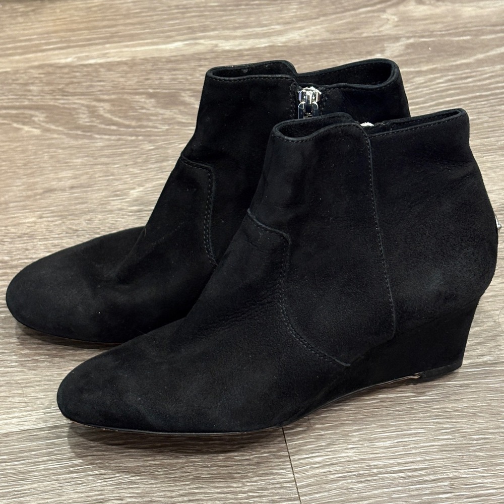 Coach Mystic Black Suede Wedge Ankle Boots Silver Logo 6 Minimalist Fall Preppy